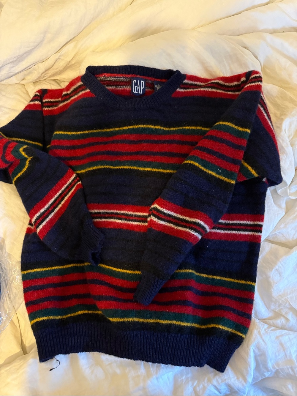 GAP Navy Striped Crewneck Sweater with Red, Green & Yellow Accents